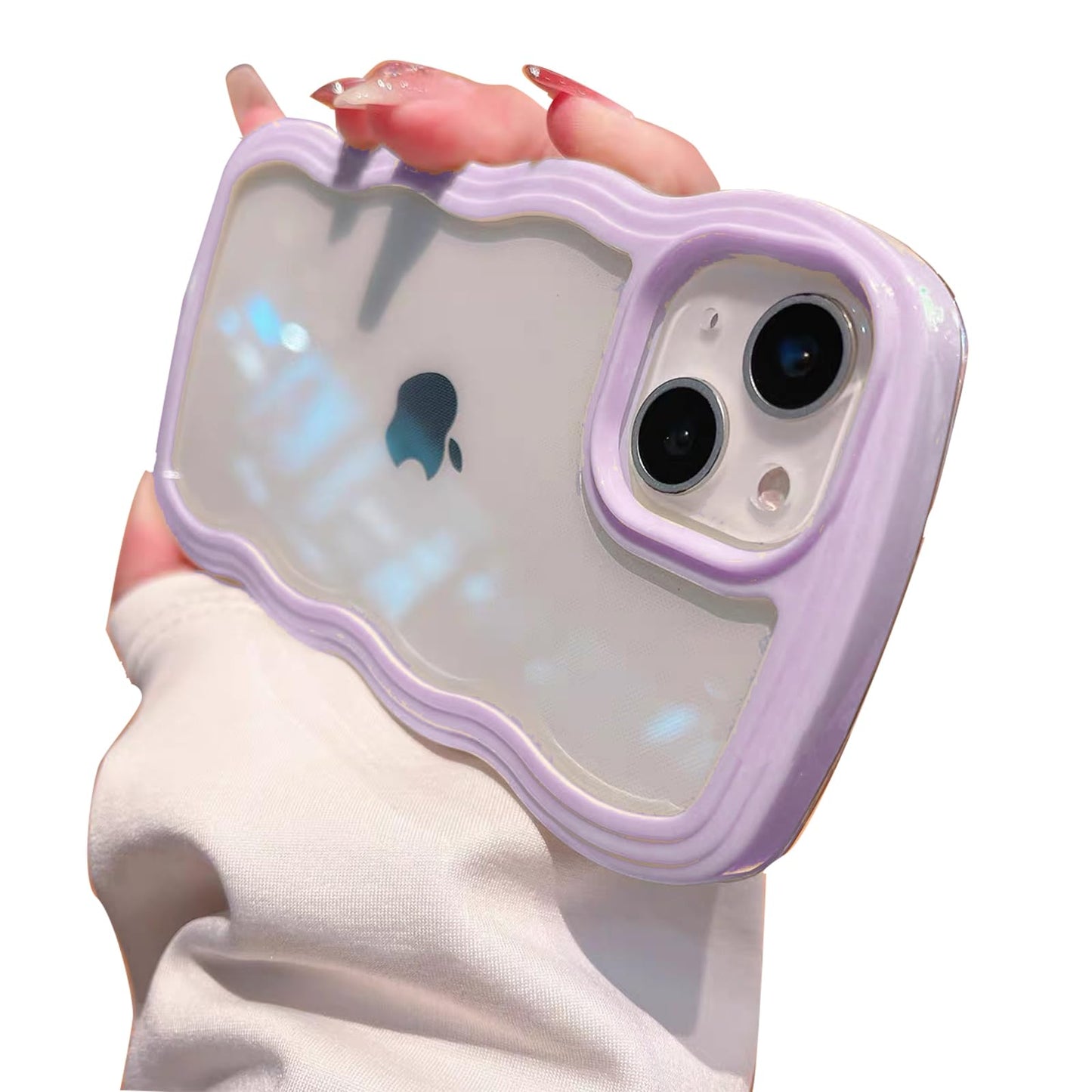 NAOKIFU Compatible for iPhone 15 Case Clear Cute Curly Wave Frame Shape for iPhone 15 Phone Cases Shockproof Soft Protective Phone Cover for Women Girls for iPhone 15 Cases Clear Cover Design Purple